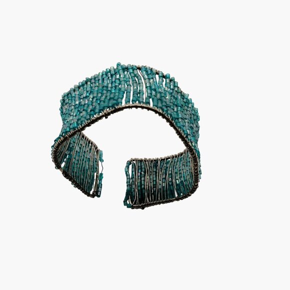 Beaded Cuff Bracelet Handcrafted Wire Wrapped Turquoise Adjustable Open Boho - Picture 3 of 6